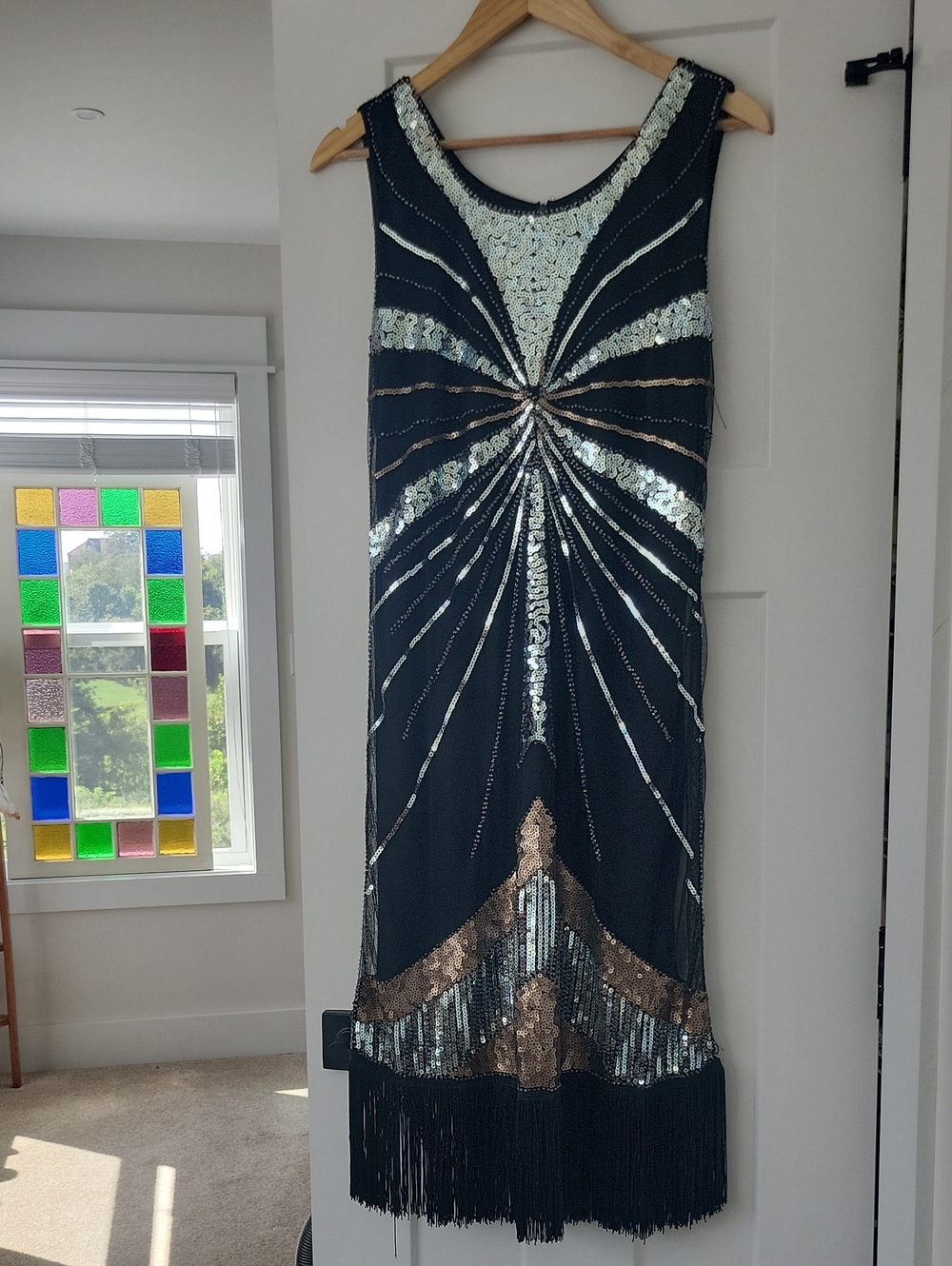 Black Sequin Starburst Midi Flapper Style Dress with Fringe - Picture 1 of 10